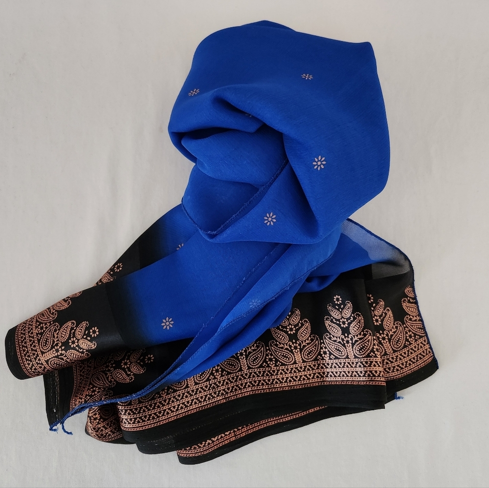 Scarf / Wrap / Shawl - Blue Black Copper - Paisley Border Floral - 66" x 44"